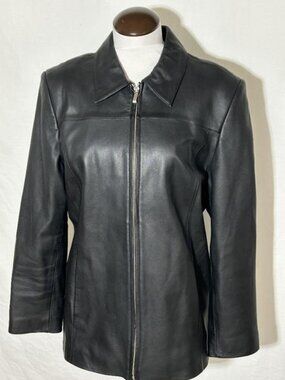 Alfani Simple Black Leather Women's Jacket Front Zipper Sz Large